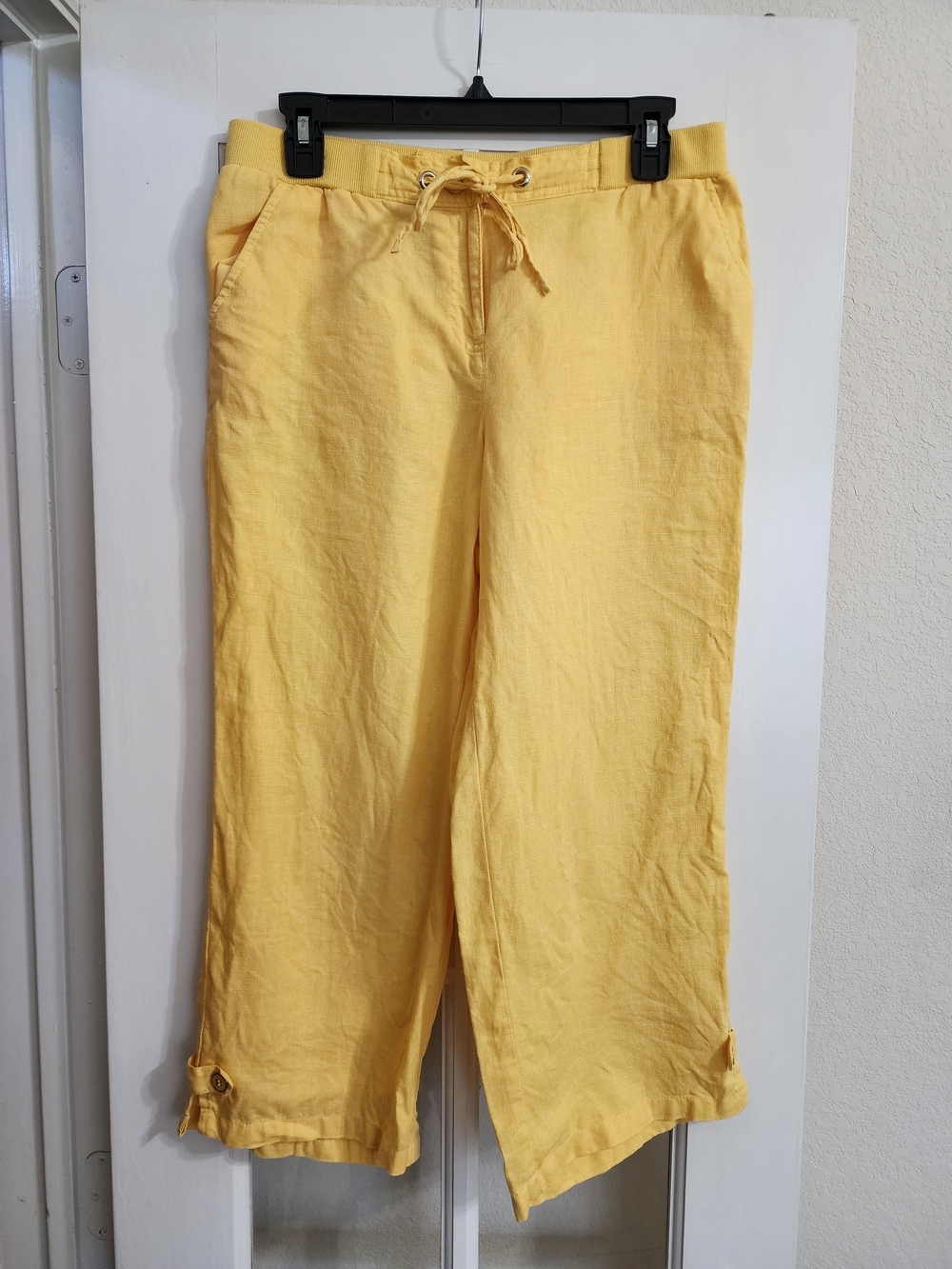 JM Collection 100% Linen Yellow Crop Pants Button Tab Hem Size 6